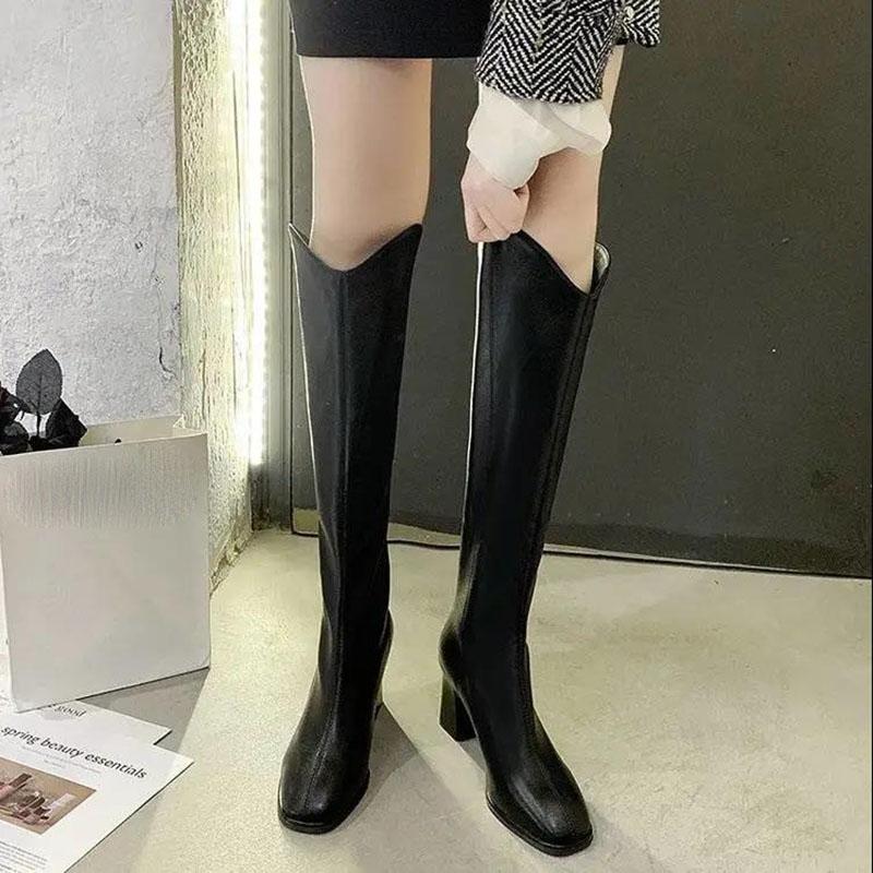 Women's Boots Knight Boots Soft Leather Boots Beige Autumn and Winter But High Boots with on The Knees