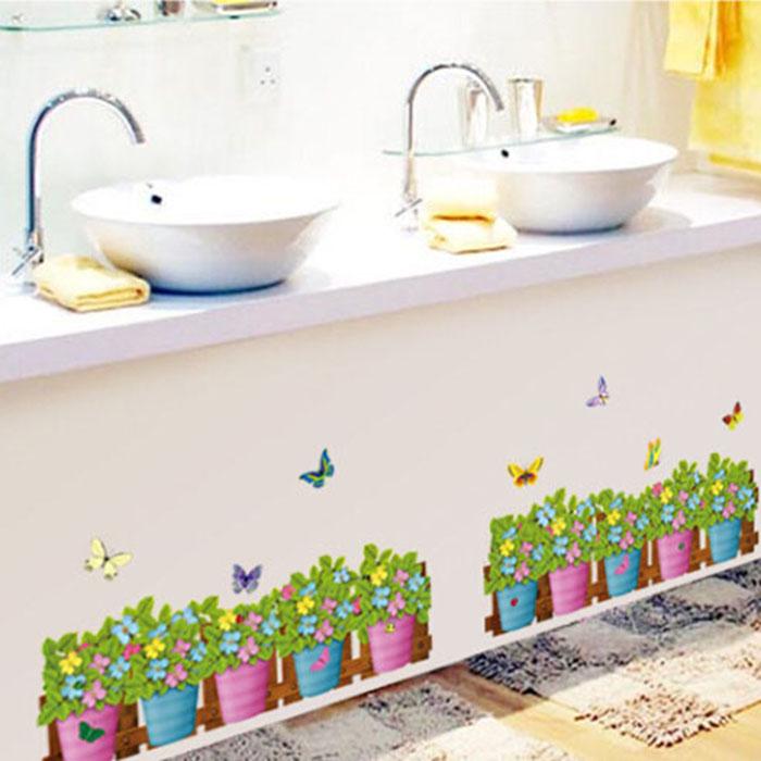 Flower Fence Butterfly Baseboard Waist Line Wall Sticker Potted Green Plants Wallpaper Summer Spring