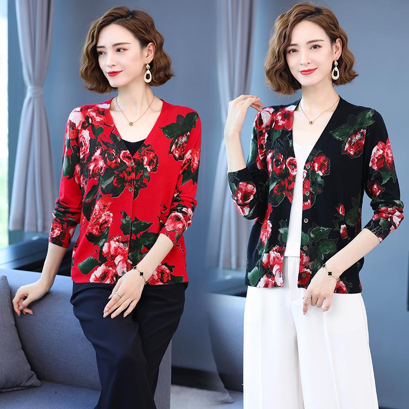 Autumn and Winter Women's Printed Cardigan V-neck Casual Sweater Coat High-end Wool Plus Size Cardigan