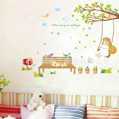 Little girl swinging the living room bedroom sofa background decoration removable wall stickers