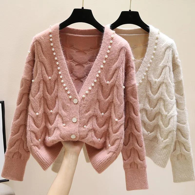 Autumn Winter Knitted Female Cardigan Loose Streetwear Knit Sweater Coat Cute V Neck Knitted Cardigan Women Jacket