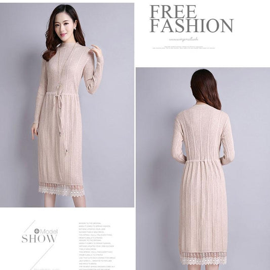 Autumn and Winter Long Sweater Dress Over The Knee Knit Bottoming Dress Half High Neck Lace Female Sweater