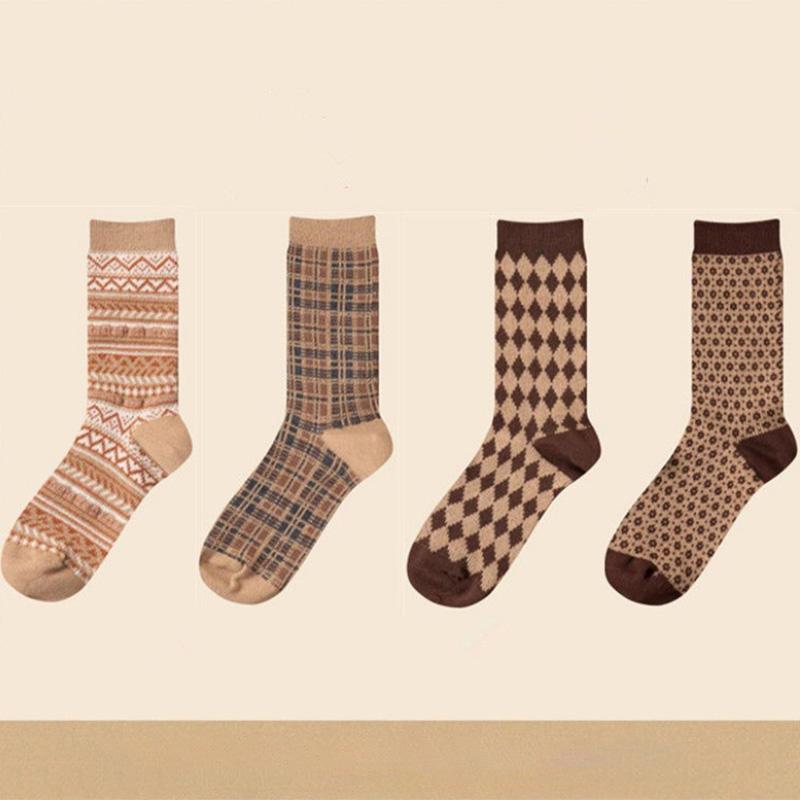 Coffee Color Socks 4 Pairs of Autumn and Winter Women's Mid-tube Thickened Warm Solid Color Retro Pile Socks High Tube Stockings