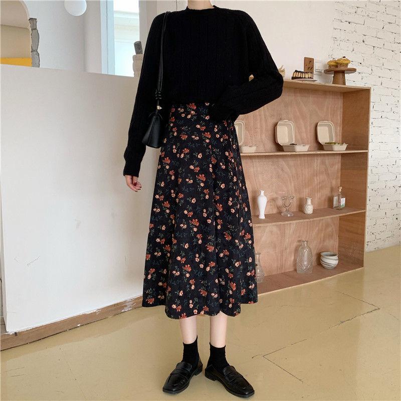 Corduroy Skirt Female Autumn and Winter Long Floral A-line Skirt Ins Super Fairy Thin Student Loose Long Skirt