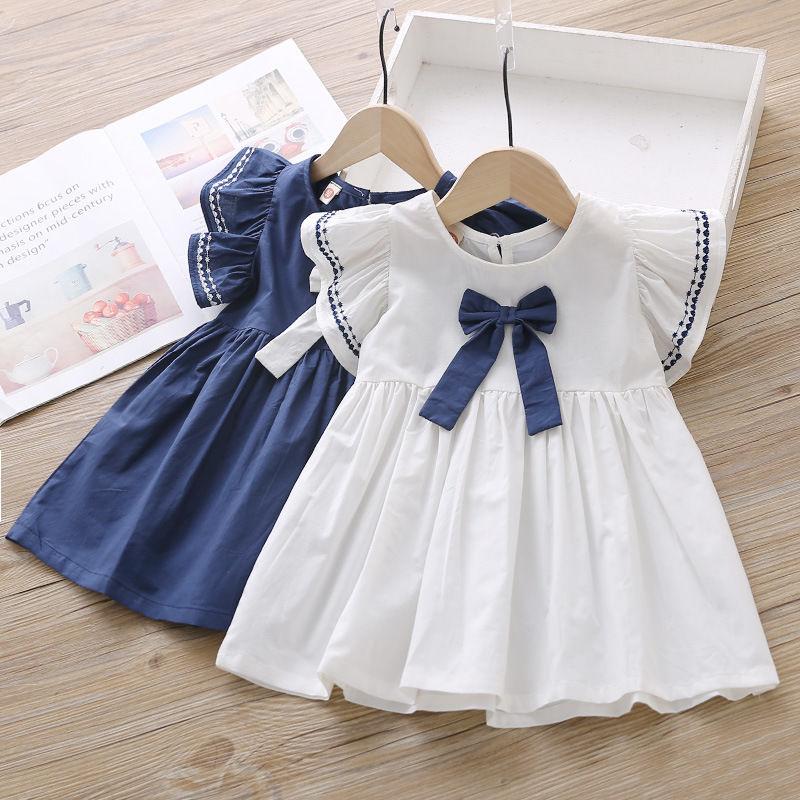 Summer Baby Girls Casual Clothes Dress Printing Short Sleeve Dress Kids Toddler Pageant Navy Dresses