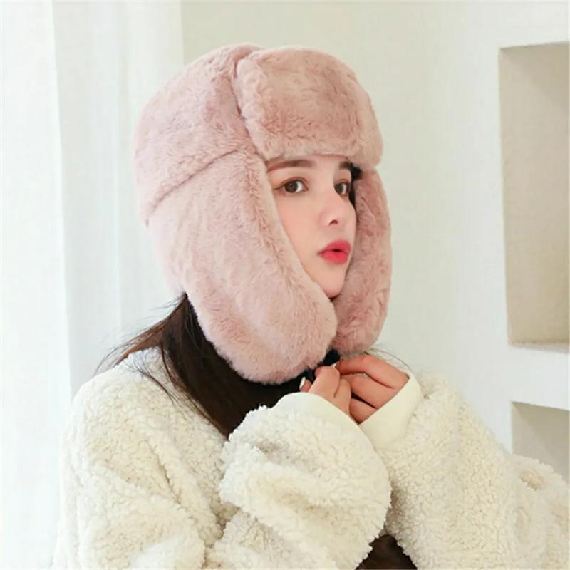 Women's Hat Winter Korean Version Plus Velvet Cold Proof Hat Winter Cycling Ear Protection Thick Windproof Warm Cute Hat Solid Long Ear Cap Fedoras