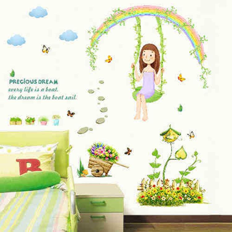 Cartoon Rainbow Swing Girl Wall Sticker Kids Room Bedroom TV Background Wall Decoration Sticker