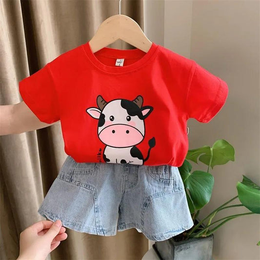 2PCS Children Clothing Set Spring Summer Girls Suits Printing Letter Cattle Short Sleeve Tops + Denim Pants Clothing Set