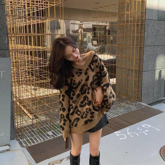 2 Colors Sexy Lady V-neck Leopard Sweater Long Section Knitwears Loose Pullovers Jumpers