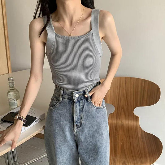 Solid Color Knitted Vest Women's Summer Thin Outer Wear Short Bottoming Suspender Top