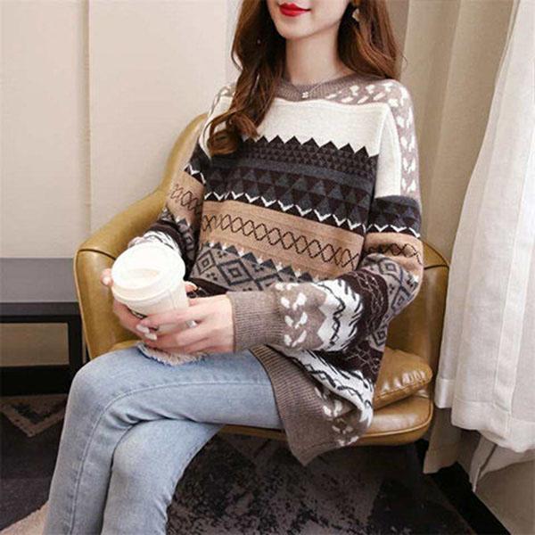 Autumn and Winter Retro Geometric Pattern Sweater Loose Casual Jacquard Top Pure Cute Girl Sweater