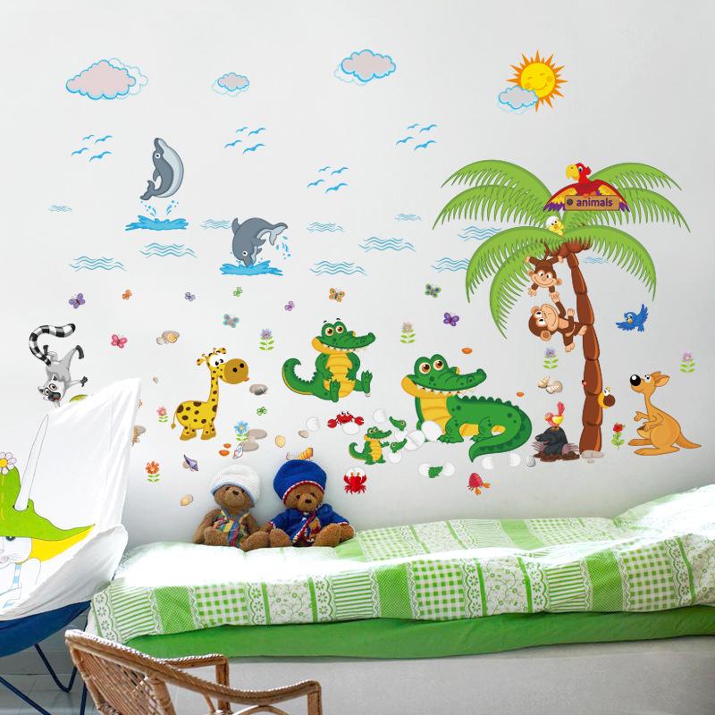 Cartoon Animal Beach Three Generations Removable Children's Room Bedroom Wall Stickers