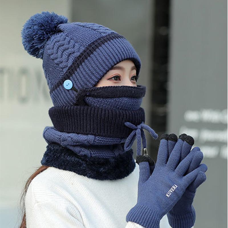 Female Winter Students All-match Thick Knitted Hat Warm and Velvet Windproof Riding Wool Hat Hat Scarf Gloves Mask Four-piece Casual Hat