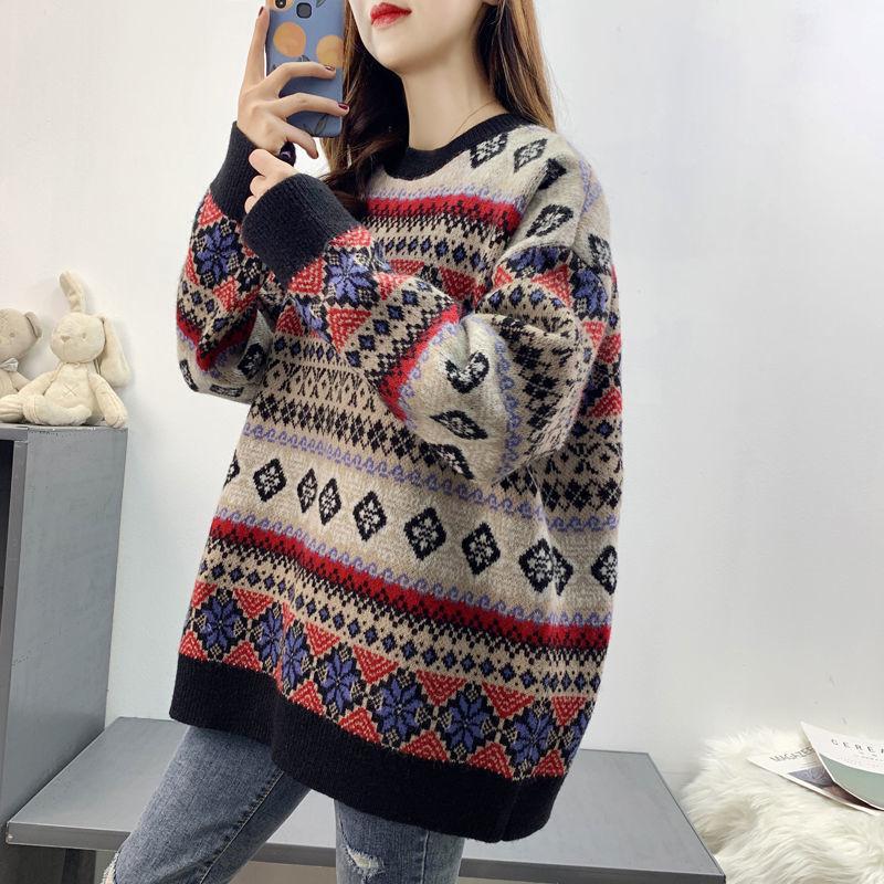 Autumn and Winter Retro Geometric Pattern Sweater Loose Casual Jacquard Top Pure Cute Girl Sweater