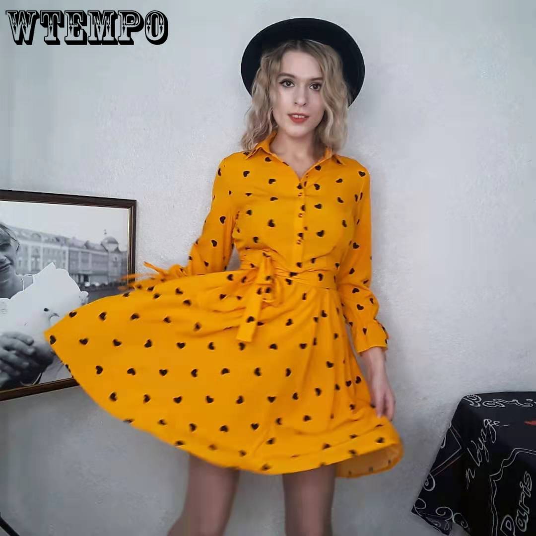 Spring  Autumn Women Heart Printed Long Sleeve Shirt Dress OL Style Knee-length  A-line Dress Plus Size M-5XL