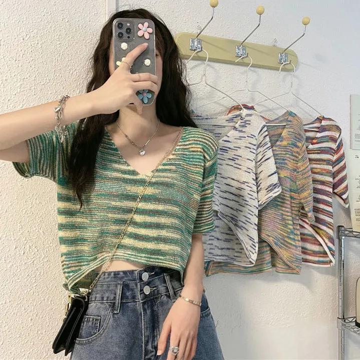 Women's Knitwear Summer Thin V-neck Hollow Out Short-Sleeve Shirt Temperament Short Loose Casual Striped Pullover Top Female Knitted Pullovers Top Tee