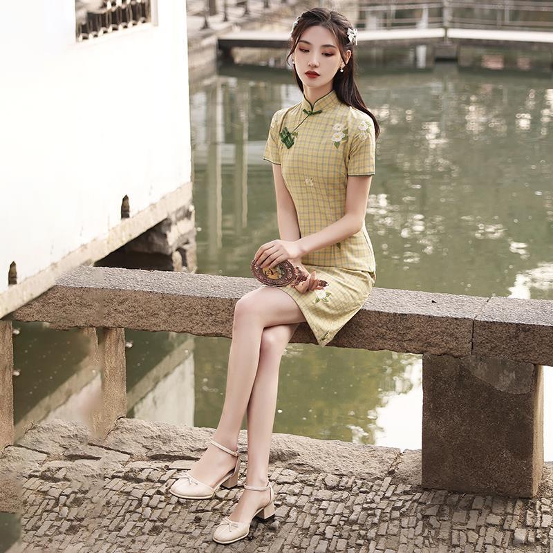 Improved Cheongsam Women's Summer Yellow and Green Plaid Daily Wear Young Girls Short Dresses