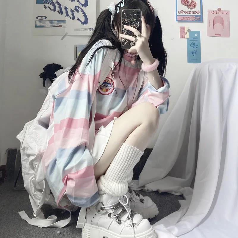 Women Long Sleeves Harajuku T-Shirt Rainbow Contrast Colored Cross Stripes Printed Loose Pullover Top