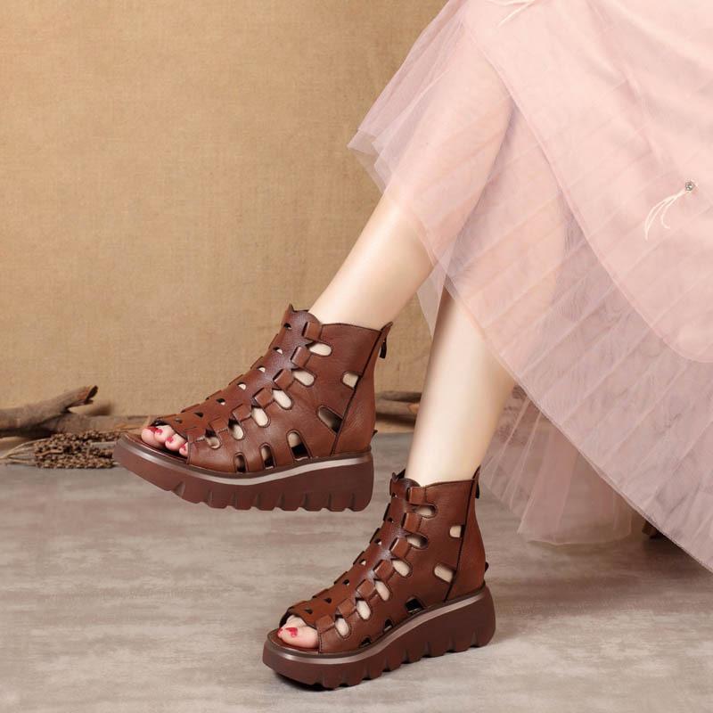 Fish Mouth Sandals Women's Summer Soft Leather Wild Hollow Sponge Cake Casual High-heeled Thick-soled Increased Flat-bottomed Women's Sandals