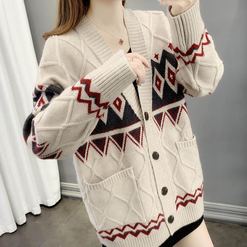 Sweater Cardigan Thickened Mid-length Spring and Autumn Loose Knit Lazy Style Jacket Women