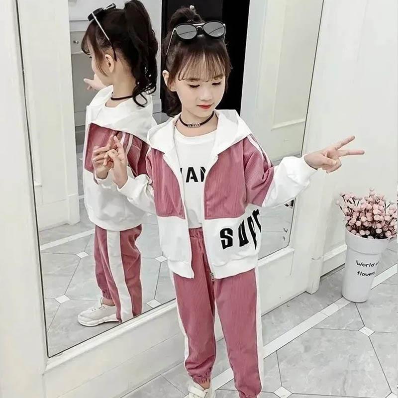 Girls Spring and Autumn Clothing Children Fashion and Comfortable Clothing Long-sleeved Hooded Zipper Jacket Warehouse Leisure Sports Two-piece