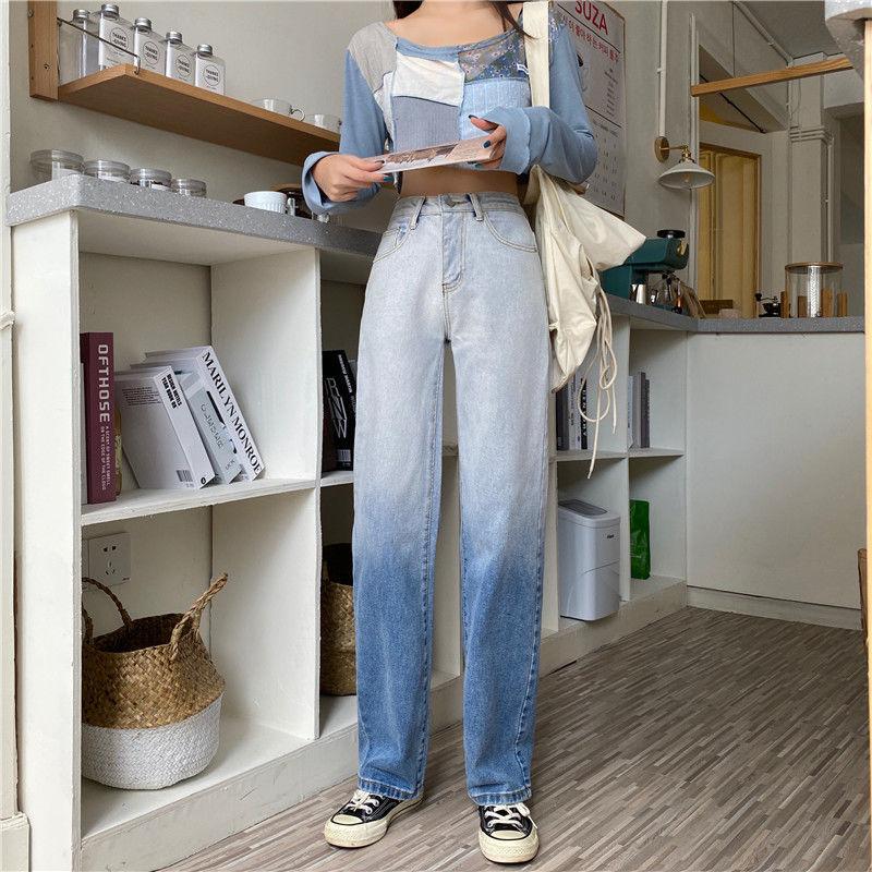 Autumn Design Sense Gradient High-waisted Jeans Women's Straight Loose Wide-leg Trousers Trend