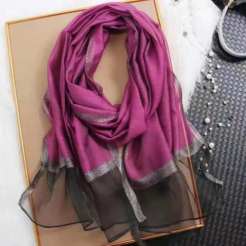 Women's Autumn and Winter Mulberry Silk Scarf Fine Silk Scarf Pure Color Striped All Match Shawl Warm Gauze Scarves Elegant Wrap Shawl Thermal Scarf