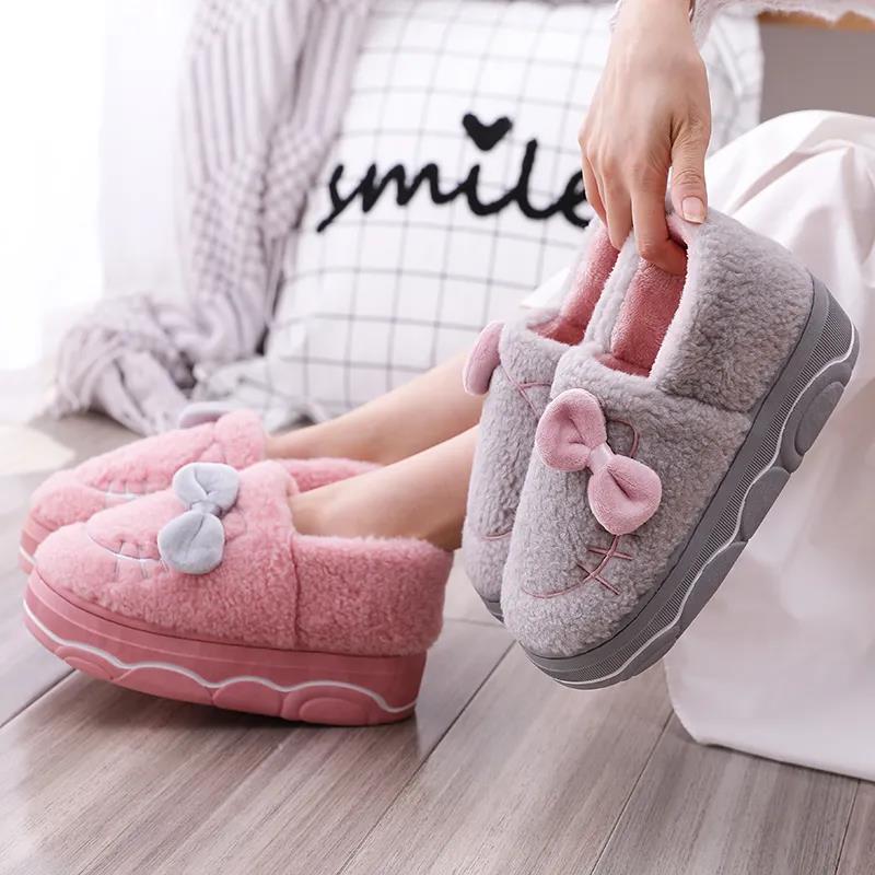 High-heeled Cotton Slippers Female Bag with Thick-soled Cute Cat Plush Slippers Winter Warm Cotton Shoes for Casual Wear