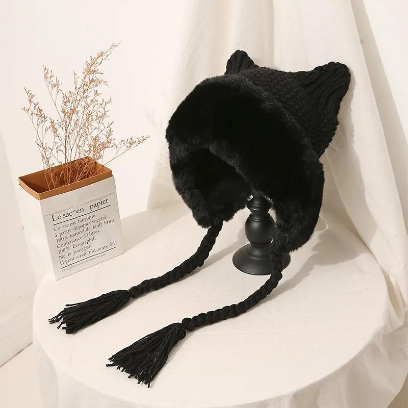 Winter Plush Knitted Hat Women's Cute Ear Thickened Woolen Hat Oversized Woolen Hat