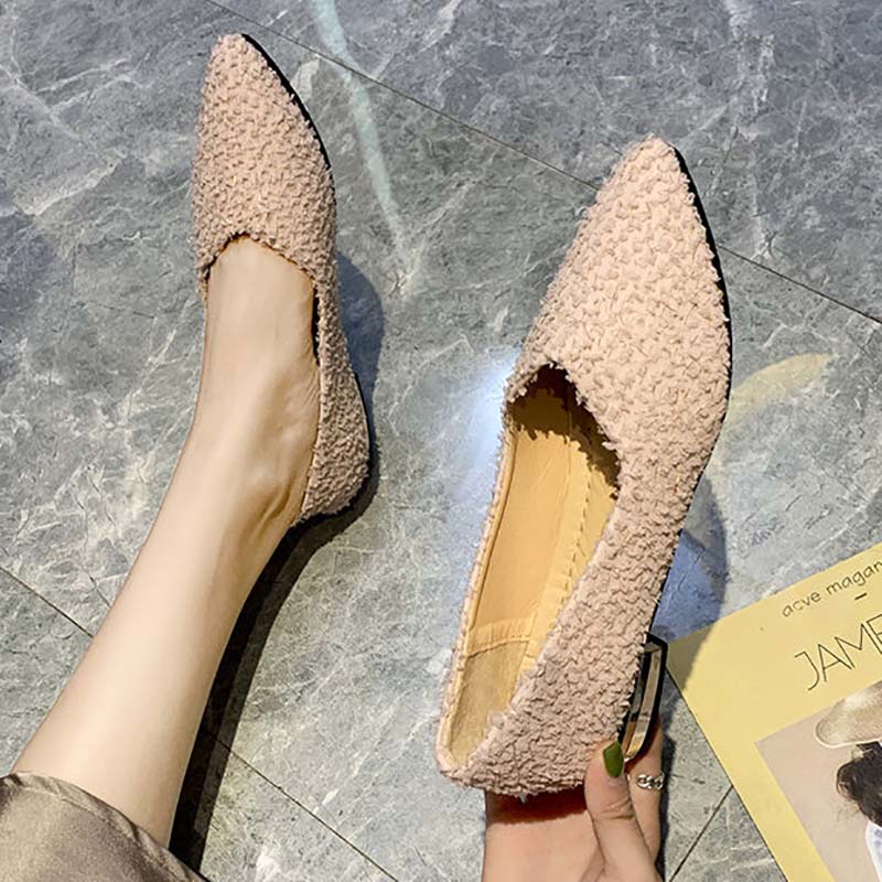 Low-heeled Shoes Spring Single Shoes Female Students Korean Version of All-match Pointed Toe Shallow Mouth Pedal Thick Heel Peas Shoes