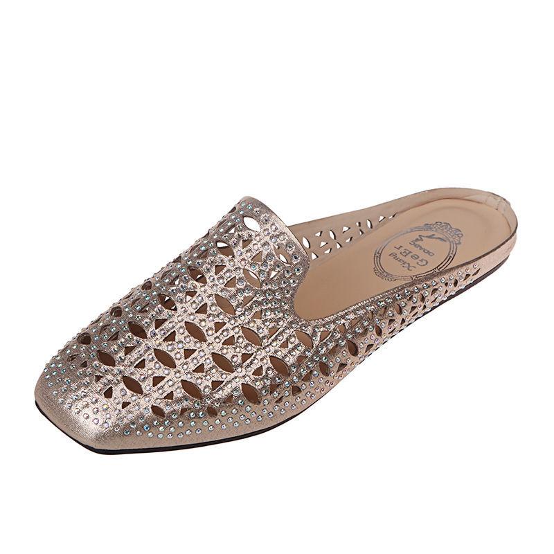 Woman's Fashion Casual Slip On Outdoor Slippers Crystal Hollow Out Flat Shoes