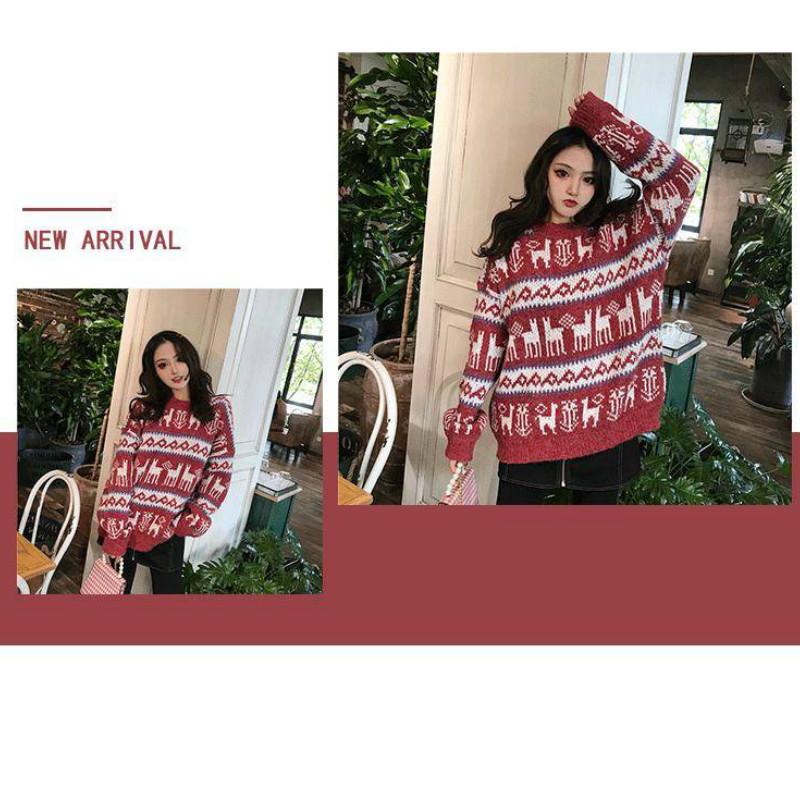 Pofulove Autumn Winter Retro Lazy Loose Vintage Mid-length Women Pullover Thickened Christmas Red Sweater