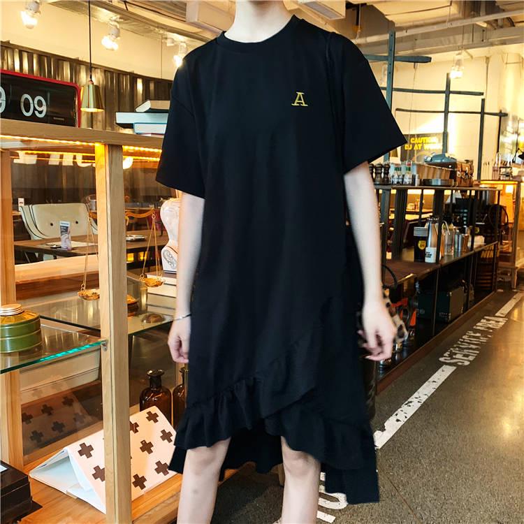 Loose Short-sleeve T-shirt  Calf-length Ruffles Dress Holiday Beach Asymmetrical Dress