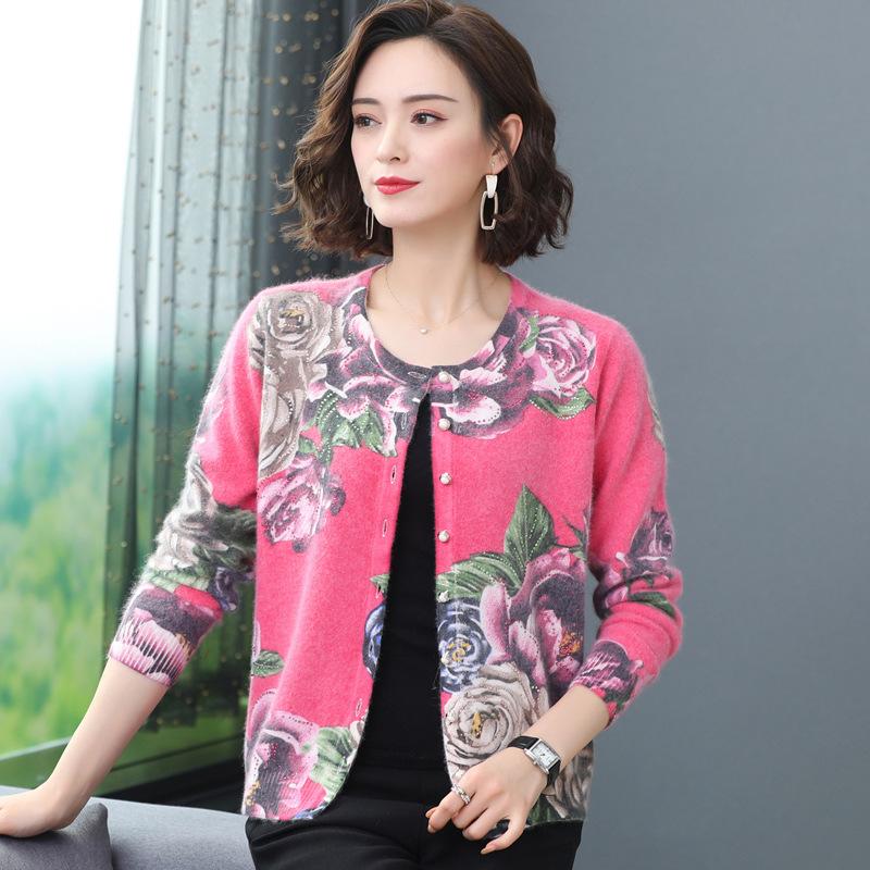 Autumn and Winter Printed Cardigan Women's Plus Size Casual Sweater Coat High-end Wool Sweater