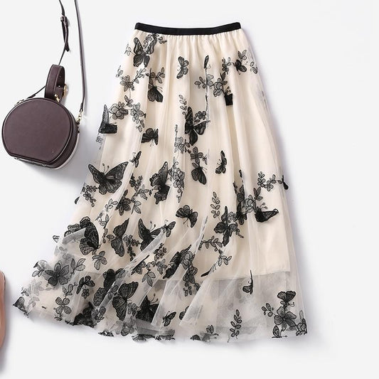 Butterfly embroidery Women Chiffon Skirt Mid-length A-line Skirt Plus Size Fairy Skirt Summer Ruffled Elastic Waist Sandy Beach Vacation Daily