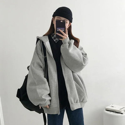 Women's Zipper Hooded Sweater Spring and Autumn Korean Version of The College Style Loose Solid Color Long-sleeved Cardigan Jacket