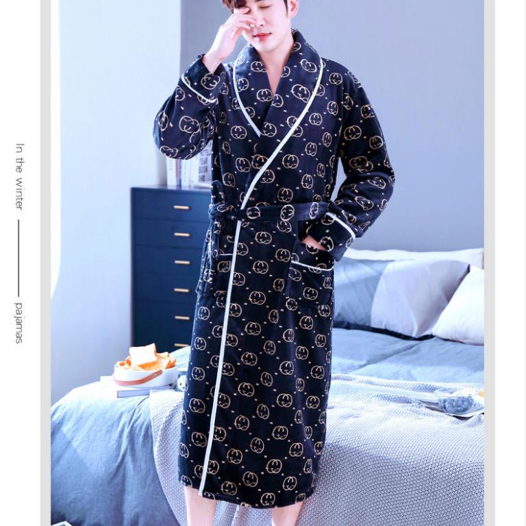 Men Large Size Home Clothes Pajamas G Chain Print Robe Coat Absorbent and Quick-drying Bathrobe Long