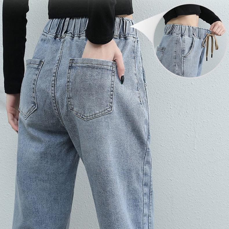 Women Spring and Autumn Large Size Streetwear Cropped Jeans Loose Solid Color High Waist Elastic Casual Jeans