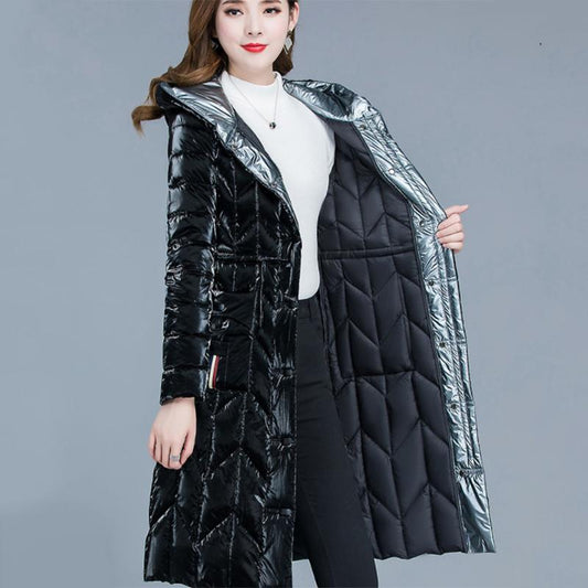 Women's Winter Korean Loose Quilted Coat Warm Down Jacket with Fur Collar Women's Glossy Mid-length Down Jacket