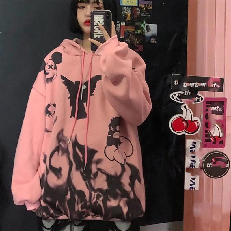 Anime Sweatshirts Hoodies Women Oversized Fashion Printed Streetwear Hip Hop Harajuku Pullovers Pink Girl Pattern Plus Size Loose Hooded Tops Women