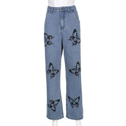 Butterfly Print Straight-leg Jeans Vintage Jeans Loose Streetwear Women's High-waisted Slim and Versatile Drape Loose Mopping Casual Pants