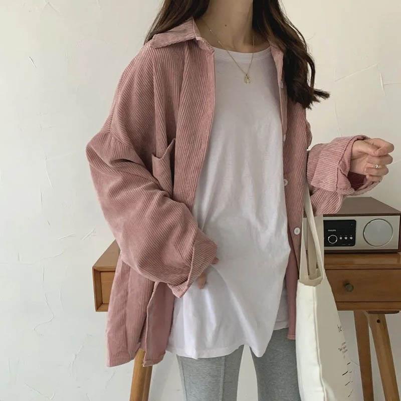 Autumn Korean Retro Corduroy Long-sleeved Loose Lazy Wind Mid-length Shirt Jacket Jacket Women