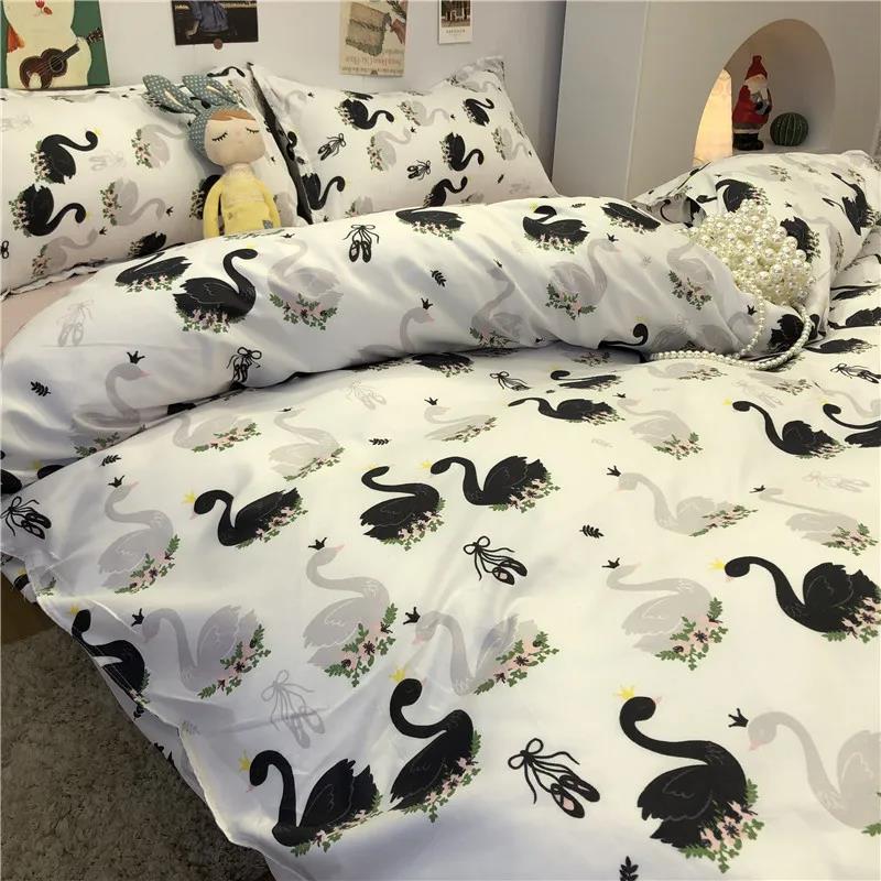 Simple Floral Cotton Bedding, Large Washed Cotton Double Bed Single Quilt Cover Four-piece Set