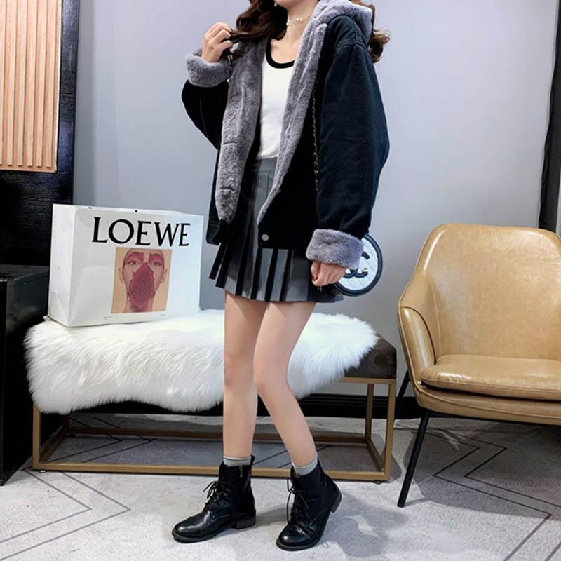 Denim and Lamb Velvet Stitching Jacket Women Plus Velvet Thick Loose Loose Style Autumn and Winter Cardigan All-match