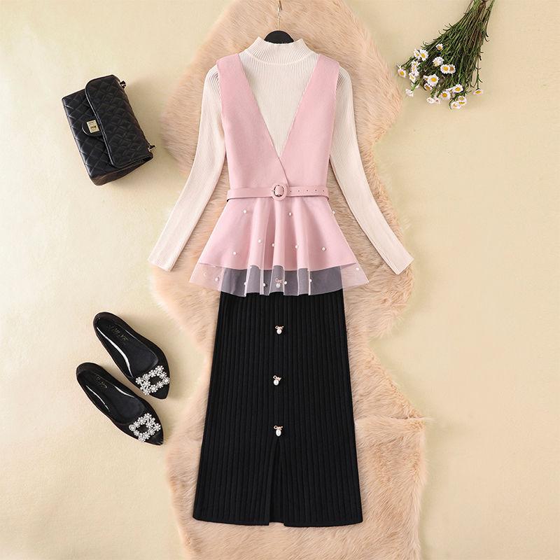 Autumn and Winter Sweater Suit Women's Waistcoat Knitted Sweater Top and High Waist Bag Hip Bodycon Skirt Three-piece Set Office Ladies Outfits