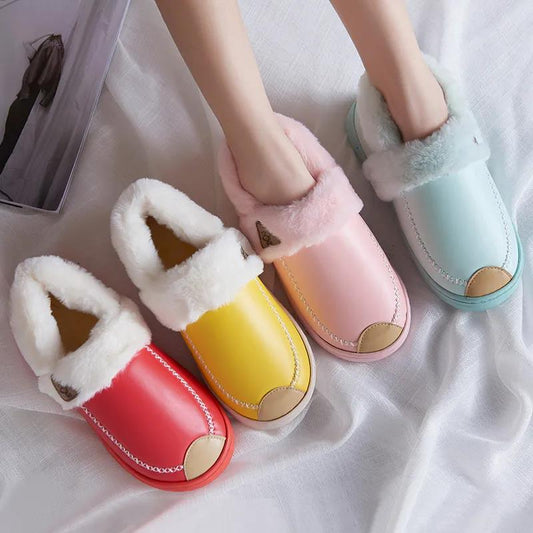 Cotton Slippers Women's Winter Bag and Home Indoor Warmth Waterproof Non-slip Thick-soled Couple Warmth Soft Leather Slippers