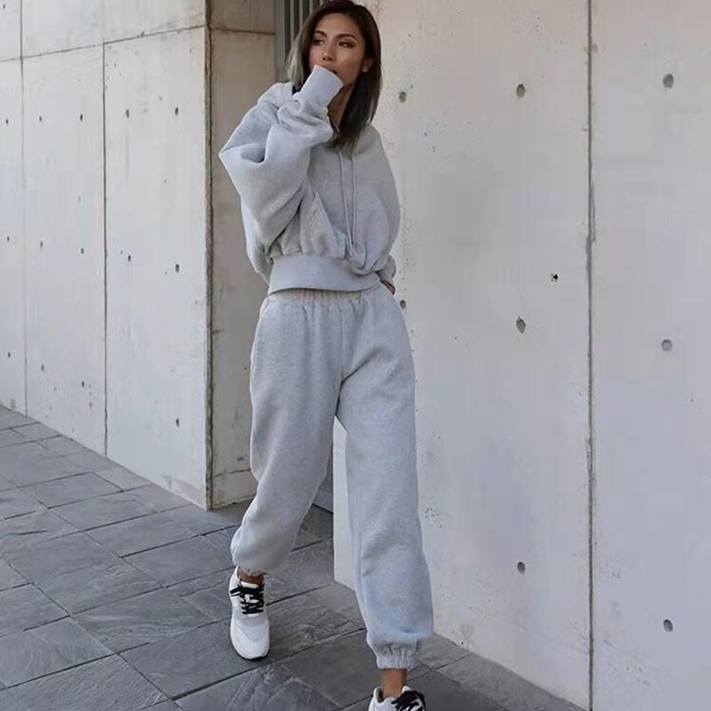 2PCS Autumn Winter Women's Casual Sweater Jacket Sports Suit Solid Color Hooded Sweater Casual Two Piece Set Tracksuits Athletic Clothing