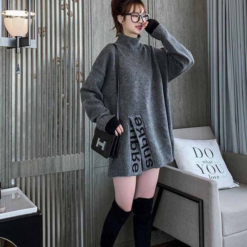 Autumn and Winter Half High Neck Mid-length Sweater Loose Casual Pullover Top Fashion Knitted Women Sweater