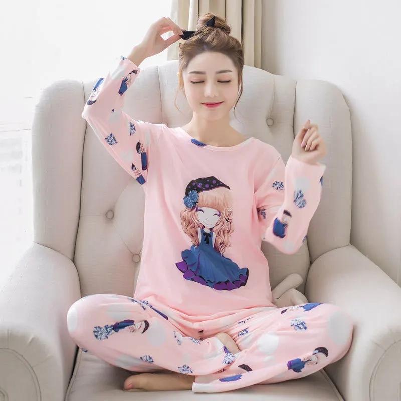 Women's Long Sleeve Pajamas Middle-aged Mom Sweet Loose Floral Printing Home Wear Two-piece Set Spring Autumn Printed Round Neck Pajamas Set