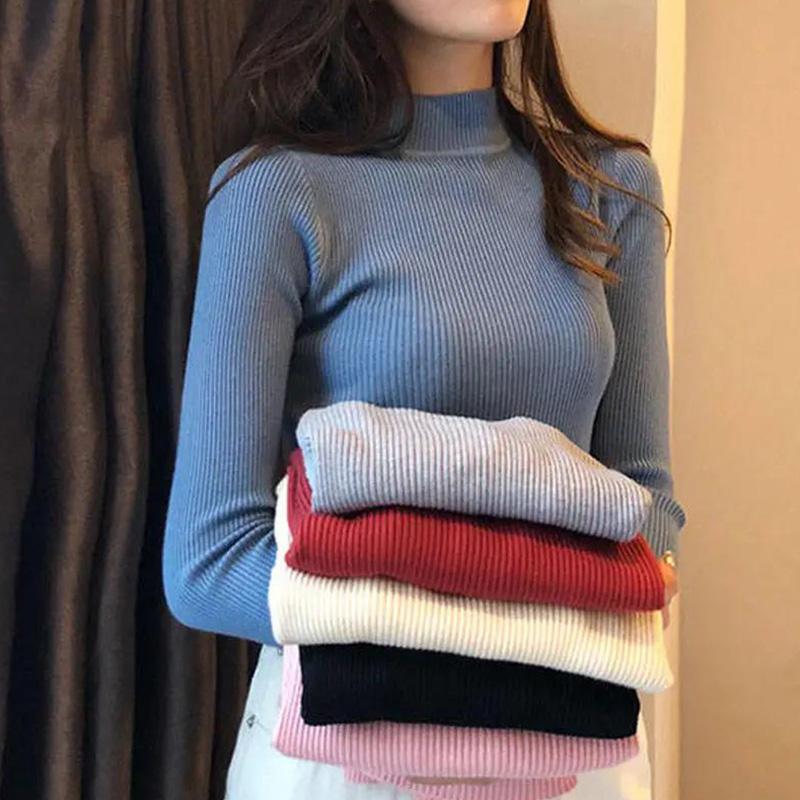 Winter Women's Sweaters Thickened Half High Neck Pullover Sweater Bottoming Shirt Ladies All-match Slim Tight Knit Sweater